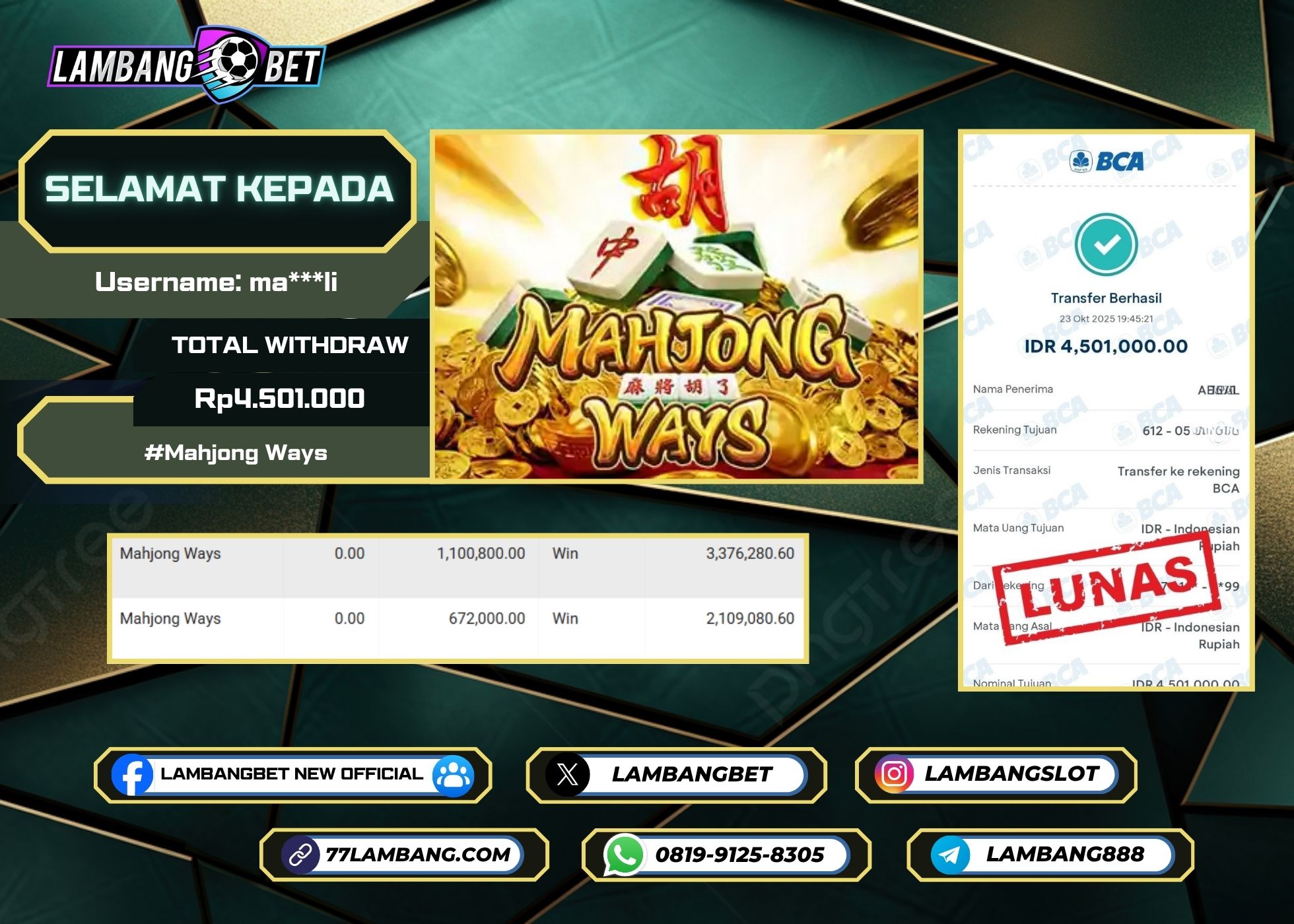 LAMBANGBET [23 OKTOBER 2025] JACKPOT SLOT Mahjong Ways "Rp4.501.000" LUNAS
